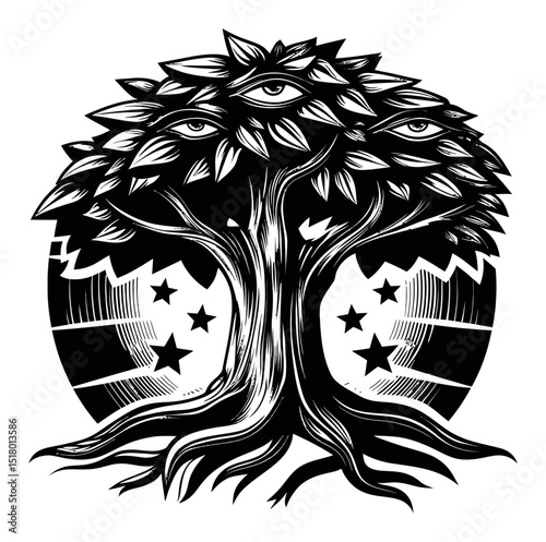 Intricate Engraving of a Tree with Eyes and Stars in Linocut Style