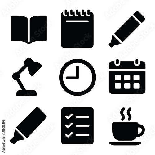 Exam Prep Icons. Solid, filled icons set of effective exam prep: open book, notepad, pencil icon, desk lamp,
