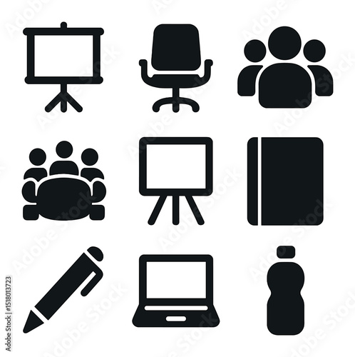 Team Session Icons. Solid, filled icons set of team learning session: presentation screen, office chair, group
