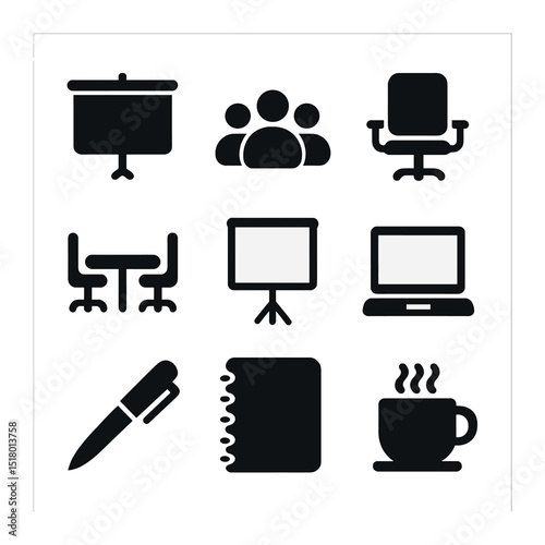Training Icons Grid. Solid, filled icons set of company training course: projector screen, group of people,