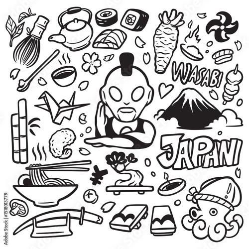 Doodle japan set vector, japanese culture