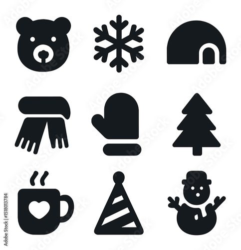 Winter Party Icons. Solid, filled icons set of polar bear or winter animal-themed party: polar bear icon,