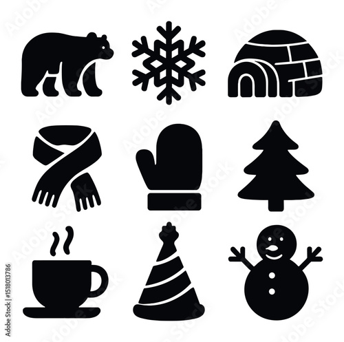 Chilly Animal Party Icons. Solid, filled icons set of chilly animal party: polar bear, snowflake icon, igloo,