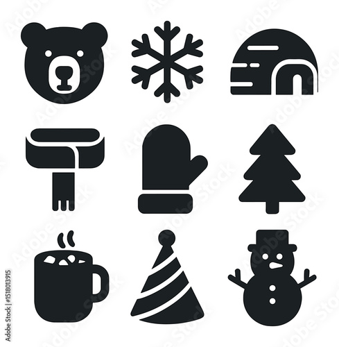Icy Animal Icon Fun. Solid, filled icons set of icy animal party fun: polar bear, snowflake icon, igloo, scarf
