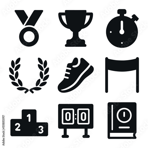 Sports Icon Grid. Solid, filled icons set of sports achievements and athletic records: gold medal icon, trophy