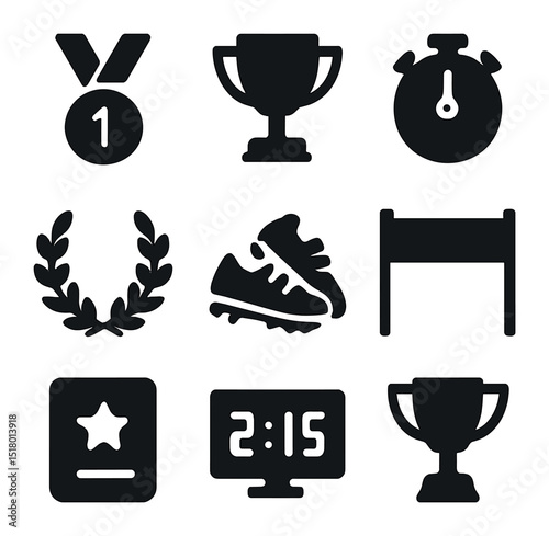 Sports Icon Collection. Solid, filled icons set of sports greatness: gold medal, trophy, stopwatch, laurel