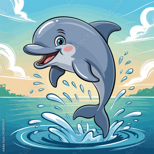 Joyful cartoon dolphin leaping out of water depicting marine life ocean and seaside activities suitable for children's illustrations and educational purposes