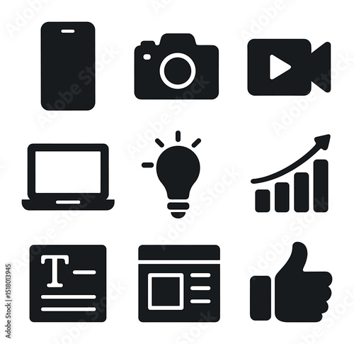 Social Media Icon Set. Solid, filled icons set of social media managers creating content: smartphone icon,