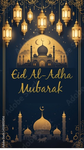 Elegant Eid al-Adha Mubarak Background with Golden Lanterns and Mosque Skyline