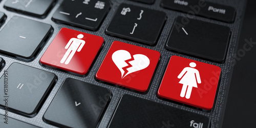 Close-up of keyboard keys, red buttons showing male, female figures and broken heart, symbolizing online relationship breakup, digital heartbreak, modern romance challenges