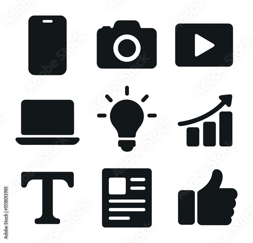 Visual Strategy Icons. Solid, filled icons set of visual content strategy: smartphone, camera icon, video icon
