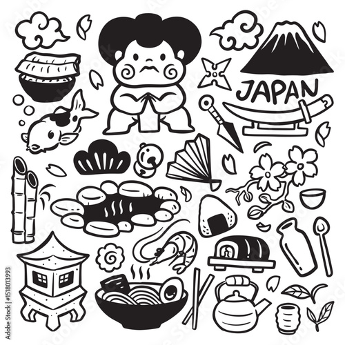 doodle japanese icon, sumo japan doodle
