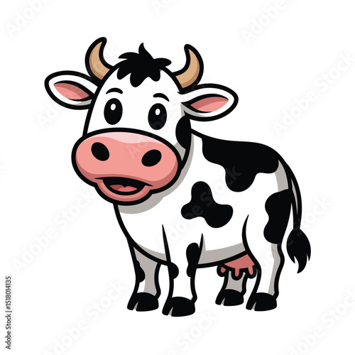 Playful cartoon cow illustration smiling with happy expression in black and white pattern on clean white background for childcare and dairy marketing.
