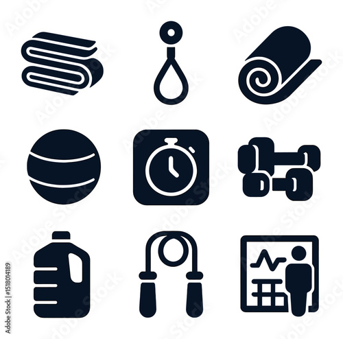 Home Workout Icons. Solid, filled icons set of home workout tools: resistance bands, door anchor, yoga mat,