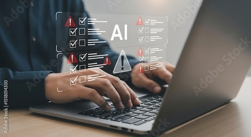 Man using laptop with ai error checklist and warnings