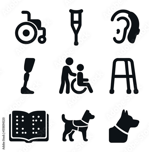 Disability Care Icons. Solid, filled icons set of disability care: wheelchair, crutch, hearing aid, prosthetic