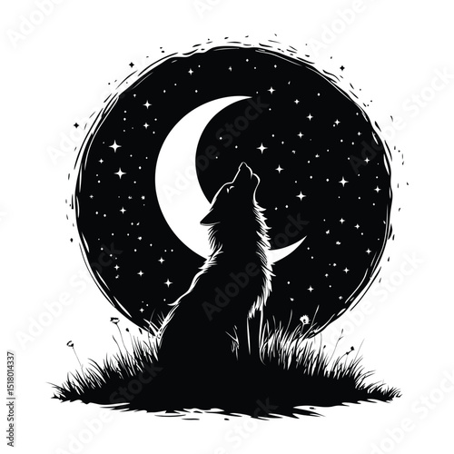 The moon with a wolf howling silhouette of simple minimal vector