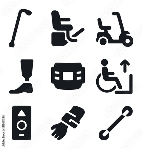 Mobility Support Icons. Solid, filled icons set of mobility support: walking cane, stair lift, scooter,