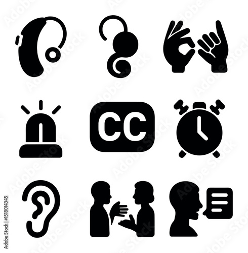 Hearing Support Icons. Solid, filled icons set of hearing disability support: hearing aid, cochlear implant,