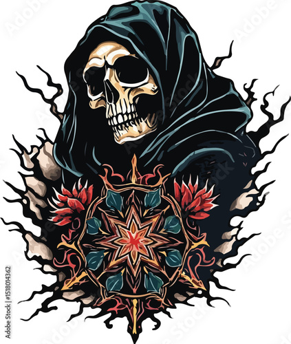 Grim Reaper Tattoo Art Design with Mandala Art Concept – Perfect for Tattoo, T-Shirt Design, Print, Wall Art, Poster or Digital Stickers. Editable vector