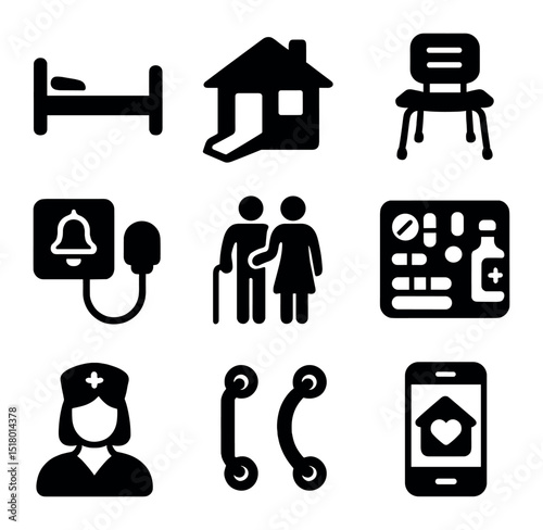 Home Care Icons. Solid, filled icons set of home care for disabilities: hospital bed, home ramp, shower chair,