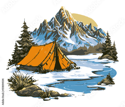 Hand-Drawn Modern Vector Illustration of Tent by Mountain Landscape