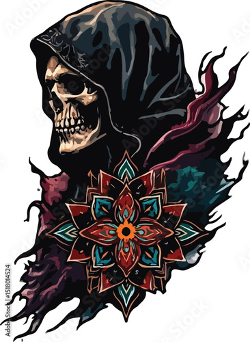 Grim Reaper Tattoo Art Design with Mandala Art Concept – Perfect for Tattoo, T-Shirt Design, Print, Wall Art, Poster or Digital Stickers. Editable vector