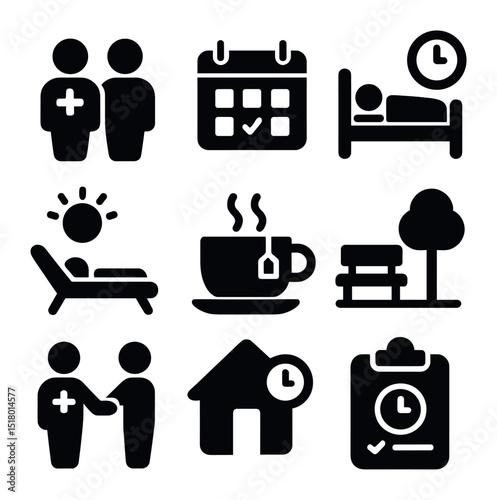 Respite Care Icons. Solid, filled icons set of respite care services: substitute caregiver, care shift
