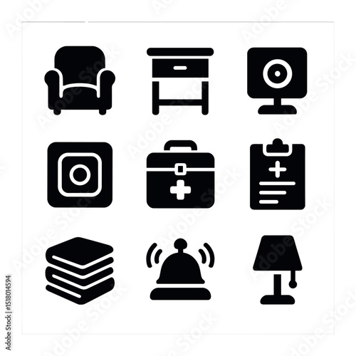 Home Care Icons. Solid, filled icons set of home care environments: comfy chair, bedside table, home