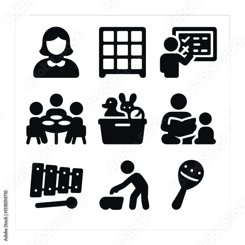 Daycare Icon Set. Solid, filled icons set of daycare and child care center icons: caregiver, cubby storage,