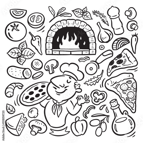 Pizza italian doodles, pizza kitchen doodle