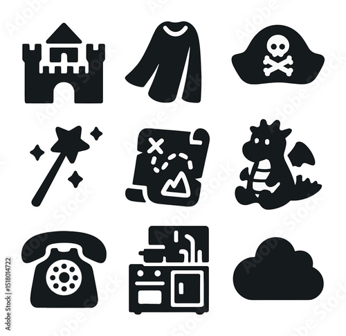 Imaginative Play Icons. Solid, filled icons set of imaginative play and peer creativity: cardboard castle,