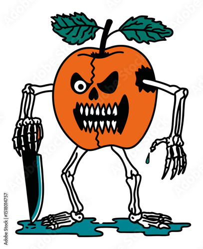 Creepy Cartoon Skeleton Apple with Knife and Dripping Blood Illustration