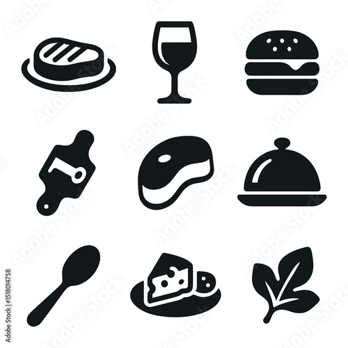 Gourmet Food Icons. Solid, filled icons set of gourmet meals: plated steak, fine wine glass, gourmet burger,