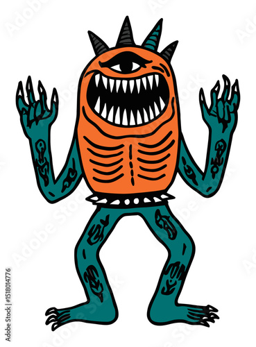 Colorful Modern Doodle Illustration of a Unique Monster with One Eye