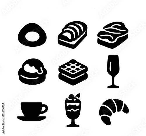 Gourmet Breakfast Icons. Solid, filled icons set of gourmet breakfast and brunch: poached egg, avocado toast,