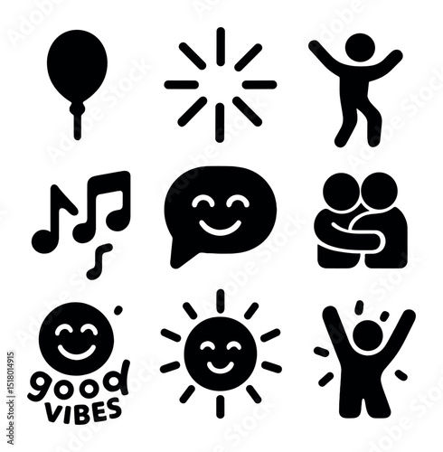 Joyful Icon Set. Solid, filled icons set of happiness and joy reinforcement: balloon icon, cheerful burst,