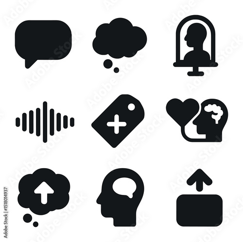 Self-Talk Icon Set. Solid, filled icons set of self-talk and internal dialogue: conversation bubble, thought