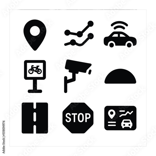 Smart City Traffic Icons. Solid, filled icons set of smart city traffic flow: GPS pin, traffic data lines,