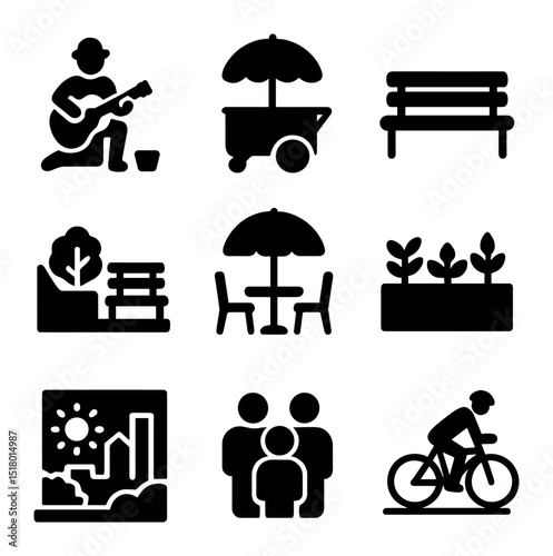 Urban Spaces Icons. Solid, filled icons set of shared urban spaces: street musician, food cart, public bench,