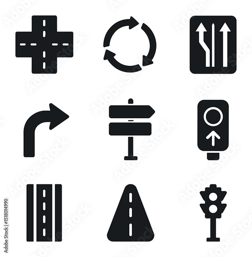 Intersection Icons Grid. Solid, filled icons set of intersection design and signage: intersection layout,