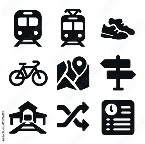 Multi-Modal Transport Icons. Solid, filled icons set of multi-modal transportation: subway train, tram icon,