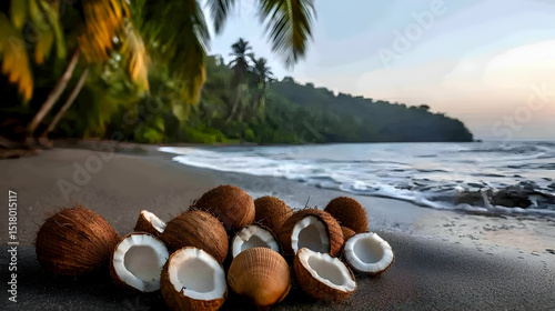 Tropical Beach Scene With Pile Of Coconuts