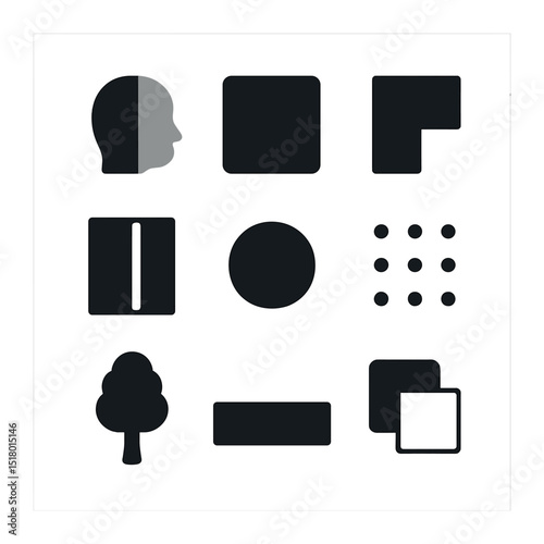 Minimalist Icon Collection. Solid, filled icons set of black and white minimalism: grayscale face, dark square