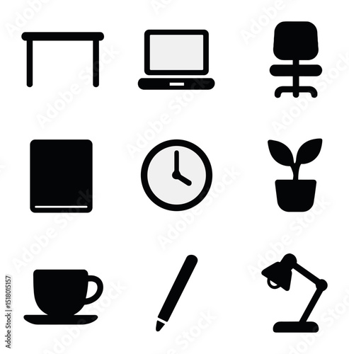 Minimal Workspace Icons. Solid, filled icons set of minimal workspace scenes: clean desk, centered laptop,