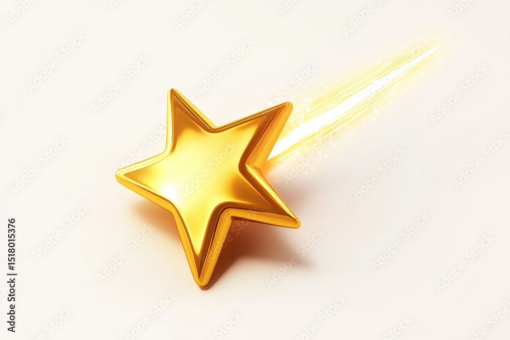 Fototapeta premium A golden, three-dimensional star shoots across a white background, leaving a luminous trail