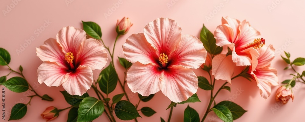 chic display of hibiscus in a minimalist style, using light coral and soft white colors, soft shadows, clean contours, sleek design, high resolution chic display of hibiscus in a minimalist style, using light coral and soft white colors, soft shadows, clean contours, sleek design, high resolution