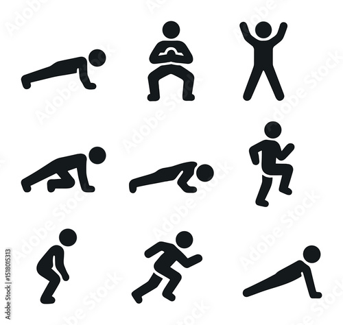 Circuit Training Icons. Solid, filled icons set of full-body circuit training: push-up, squat, jumping jack,