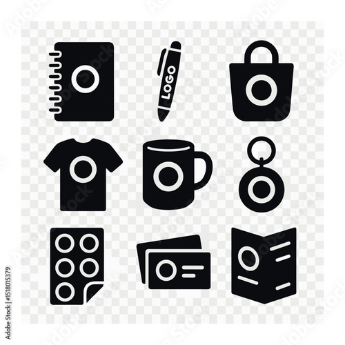 Promotional Items Icons. Solid, filled icons set of printed promotional items: branded notebook, logo pen,