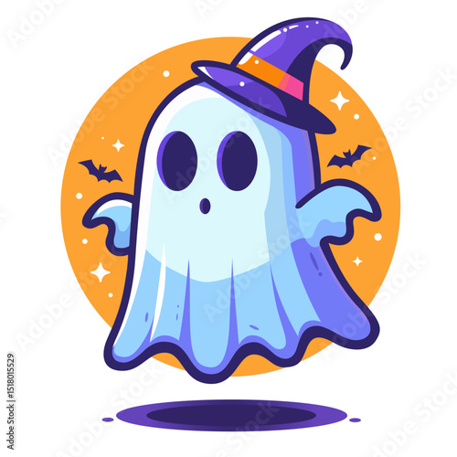 Happy ghost wearing witch hat. Halloween party banner with ghost. Cute funny happy spirit icon. Halloween phantom design. Cute cartoon spirit. Cute cartoon spirit. Vector illustration. Spooky design